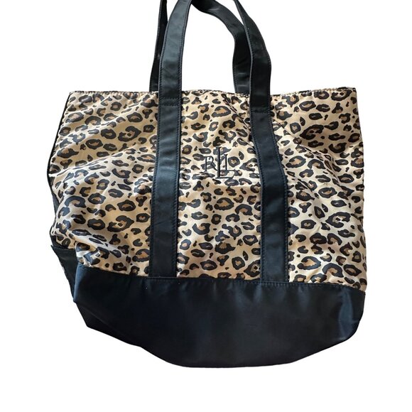 Lauren Ralph Lauren Leopard Print Tote Bag With Black Trim & Handles Spacious - Picture 1 of 8